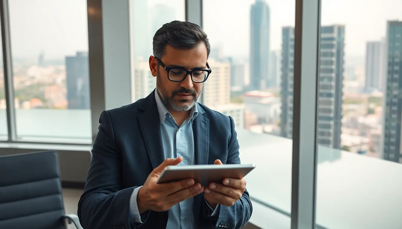 Senior financial advisor analyzing real-time market data on a tablet in a modern office overlooking the Gurgaon skyline